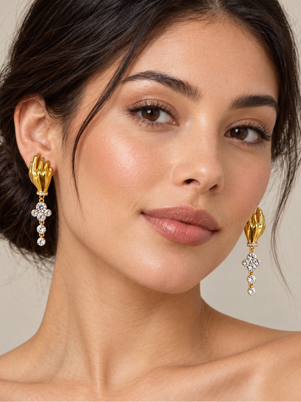 Gold Hand Drop Earrings with Crystal Accents